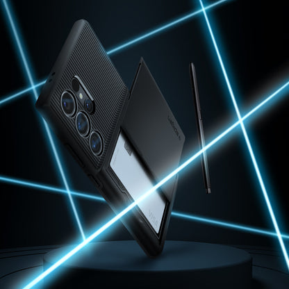 ACS07306 - Galaxy S24 Ultra Case Slim Armor CS in Black showing the back, partial side with card slider open with card inside and s pen hovering on the side
