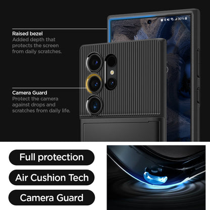 ACS07306 - Galaxy S24 Ultra Case Slim Armor CS in Black showing the full protection, air cushion tech and camera guard. Raised bezel - added depth that protects the screen from daily scratches