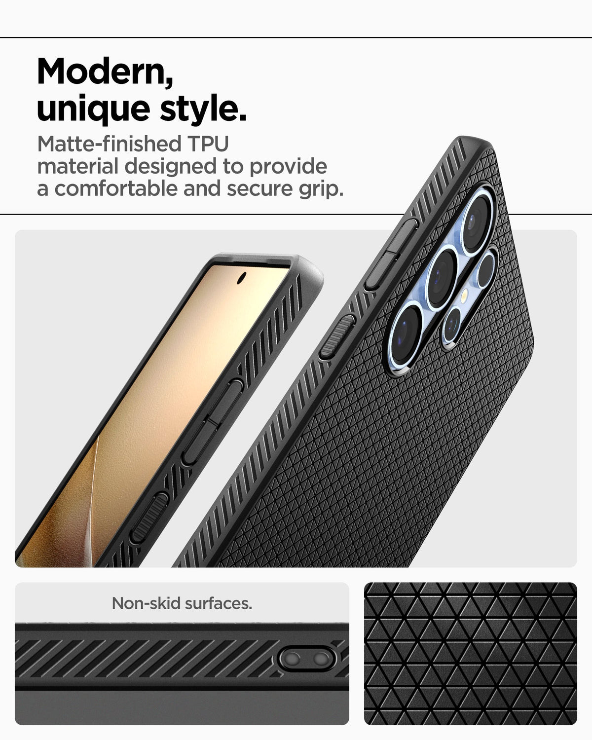 ACS08953 - Galaxy S25 Ultra Case Liquid Air in Matte Black showing the modern unique style. Matte-finished TPU material designed to provide a comfortable and secure grip. Non-skid surfaces