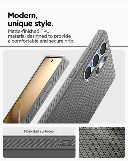 ACS08954 - Galaxy S25 Ultra Case Liquid Air in Marble Gray showing the modern unique style. Matte-finished TPU material designed to provide a comfortable and secure grip. Non-skid surfaces