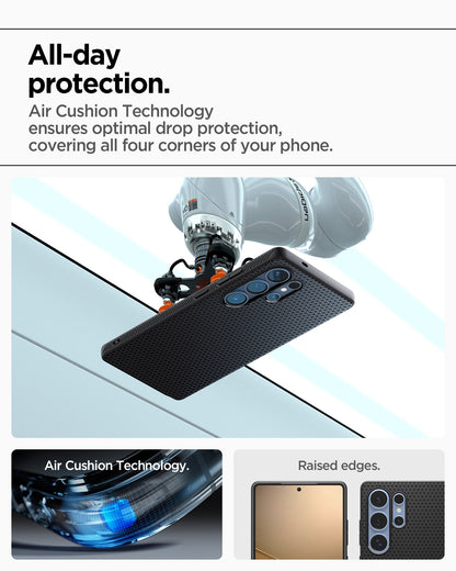 ACS08953 - Galaxy S25 Ultra Case Liquid Air in Matte Black showing the all-day protection. Air Cushion Technology ensures optimal drop protection, covering all four corners of your phone. Air Cushion Technology. Raised edges