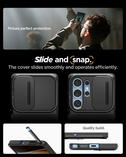 ACS08969 - Galaxy S25 Ultra Case Optik Armor in Black picture perfect for protection. slide and snap. the cover slides smoothly and operates effciently.