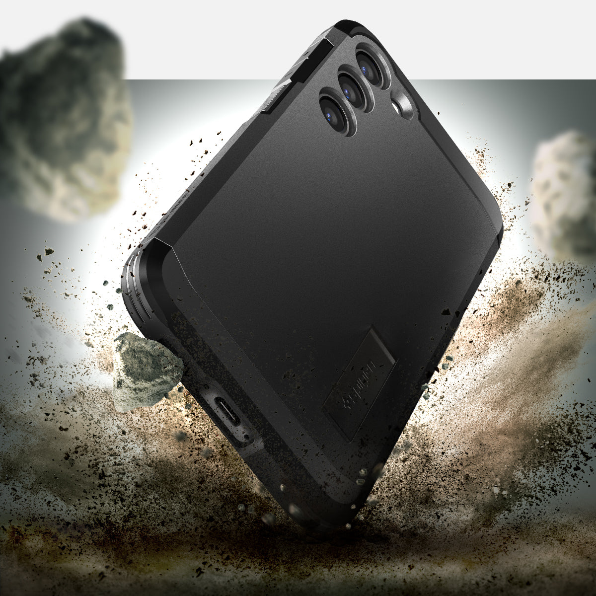 ACS05718 - Galaxy S23 Case Tough Armor in black showing back in front of the rock.