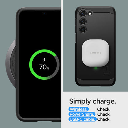 ACS05718 - Galaxy S23 Case Tough Armor in black Simply charge wireless check. power share check. USB-C cable.