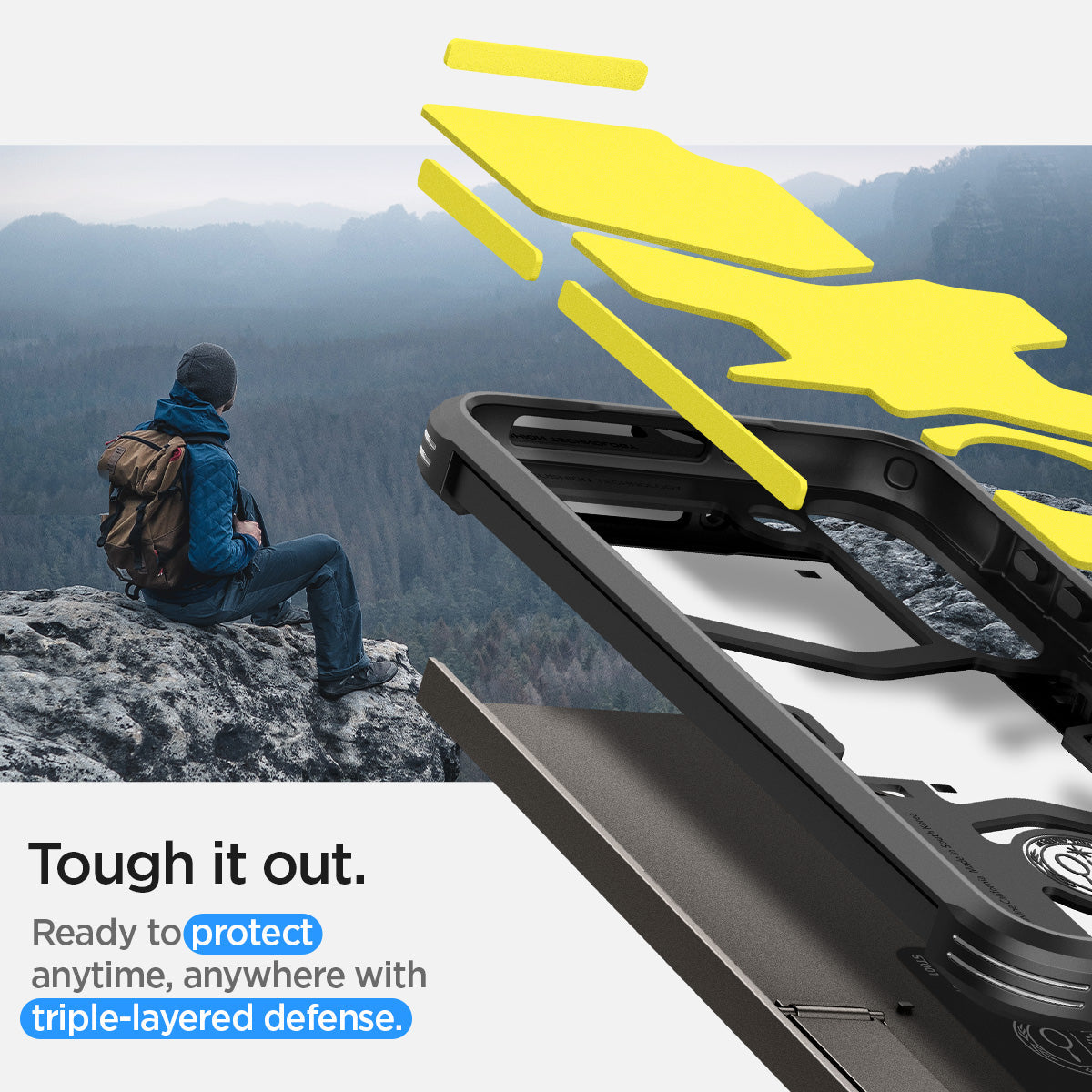 ACS05719 - Galaxy S23 Case Tough Armor in gunmetal tough it out. Ready to protect anytime , anywhere with tripe layered defense.