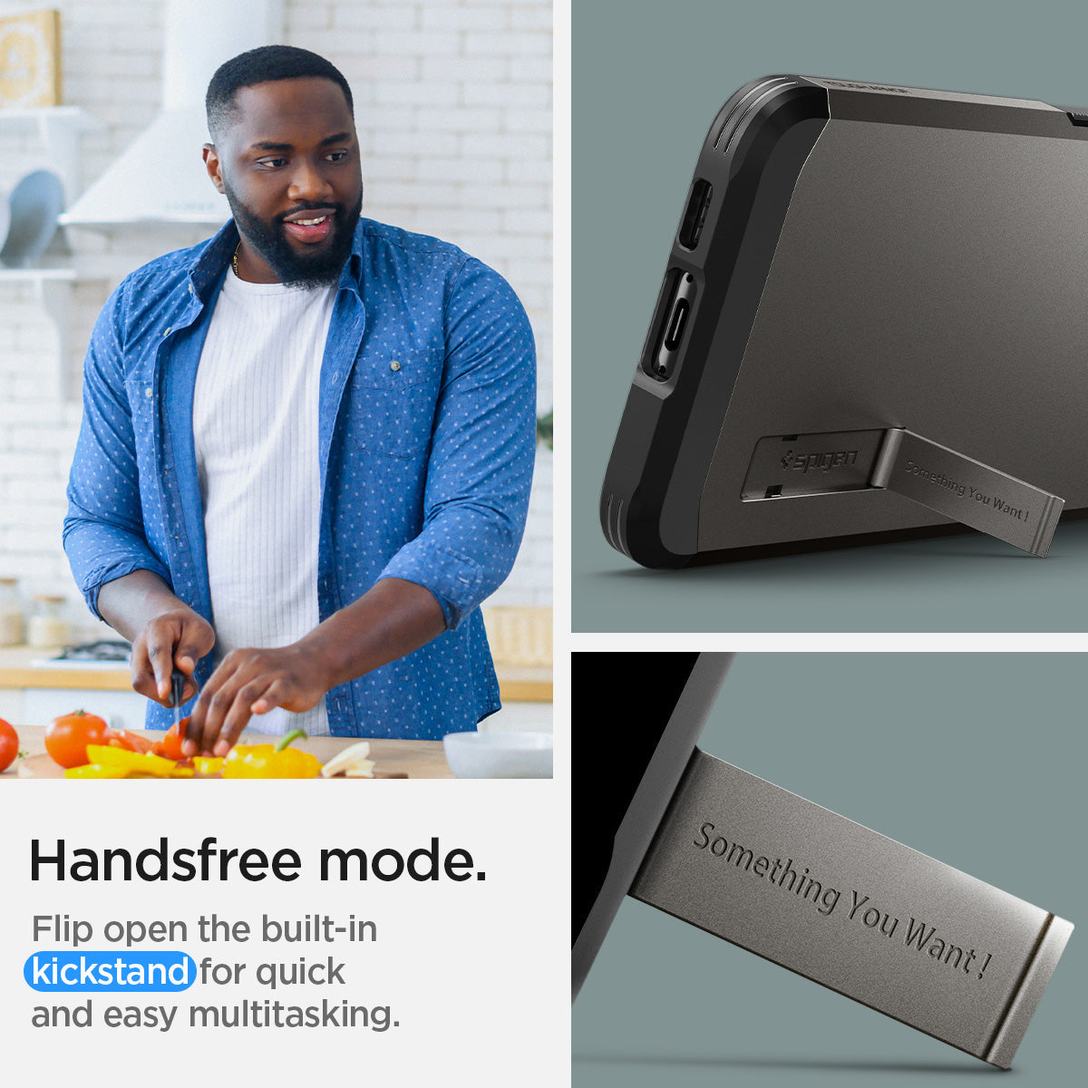ACS05719 - Galaxy S23 Case Tough Armor in gunmetal handsfree mode. Flip open the kickstand for quick and easy multitasking.