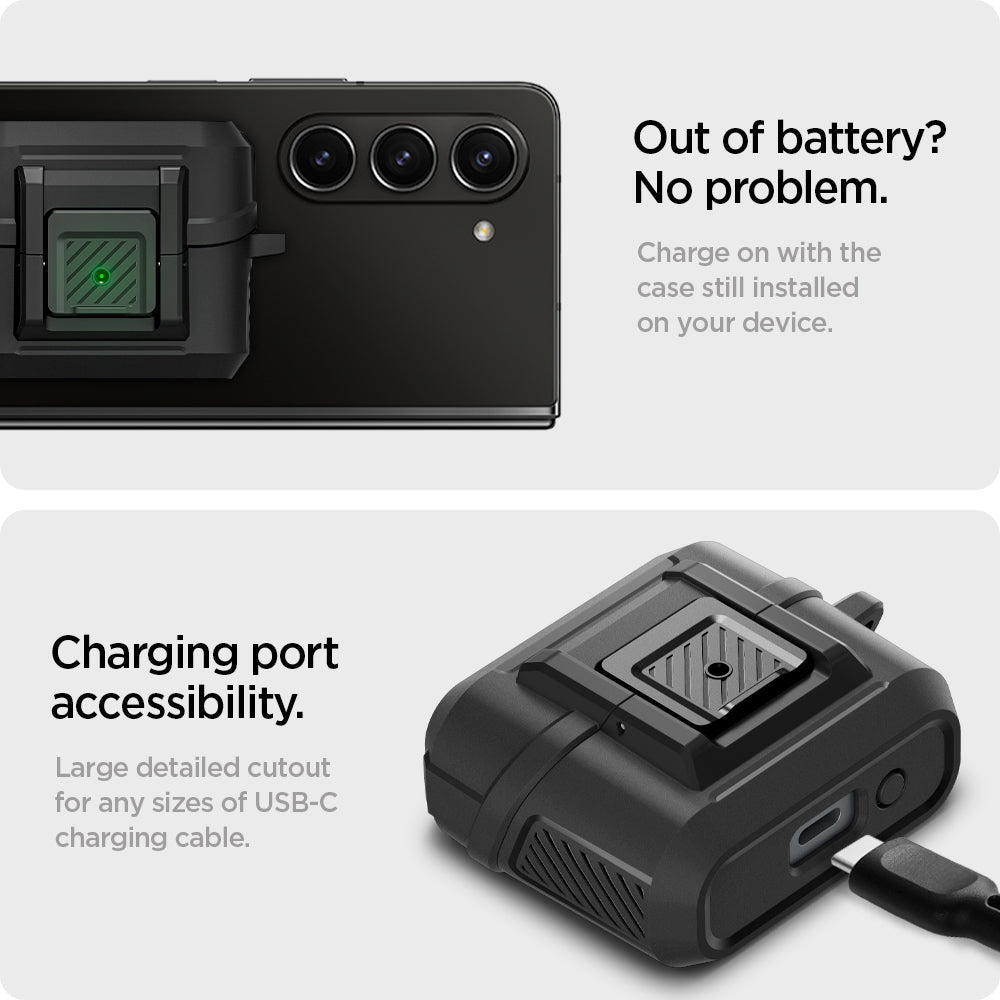 ACS08332 - Galaxy Buds 3 Pro Lock Fit in Matte Black out of battery? no problem. charge on with the case still installed on your device. Charging port accessibility. Large detailed cutout for any sizes of usb-c charging cable.