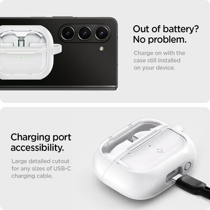 ACS08431 - Galaxy Buds 3 Pro Ultra Hybrid in Jet White Out of battery? No problem. Charge on with the case still installed on your device. Charging port accessibility. Large detailed cutout for any sizes of USB-C charging cable.