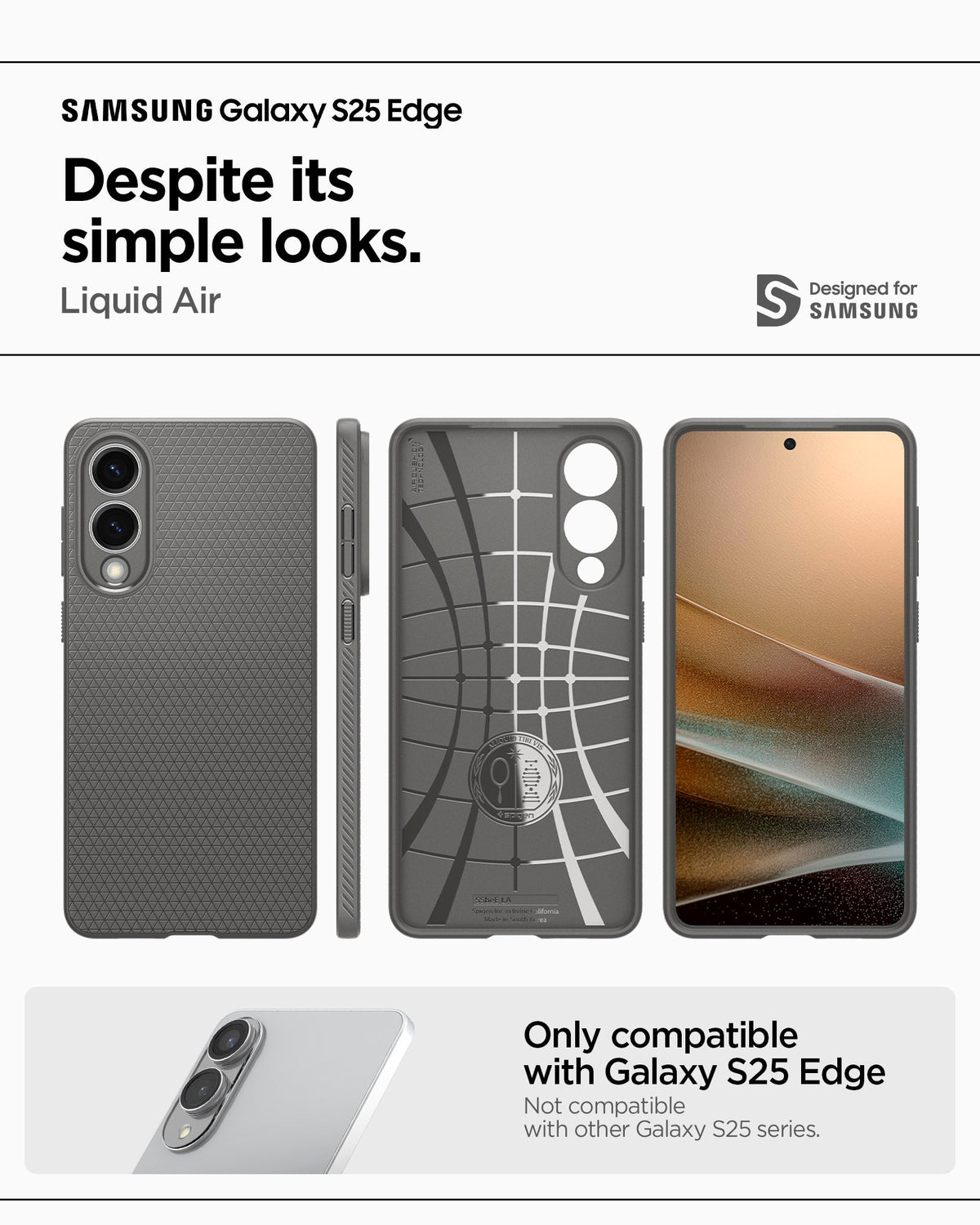 ACS09421 - Galaxy S25 Edge Case Liquid Air in Marble Gray showing the compatibility only with Galaxy S25 Edge. Not compatible with other Galaxy S25 series