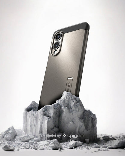ACS09423 - Galaxy S25 Edge Case Tough Armor AI (MagFit) in Gunmetal showing the back and partial side, device sitting on the rock
