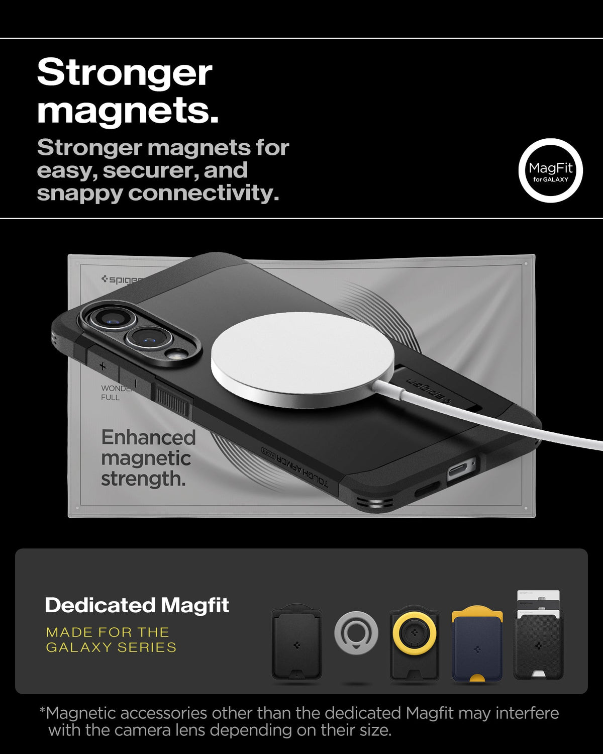 ACS09422 - Galaxy S25 Edge Case Tough Armor AI (MagFit) in Black showing the stronger magnets for easy, securer, and snappy connectivity. Enhanced magnet strength. Magnetic accessories other than the dedicated Magfit may interfere with the camera lens depending on their size
