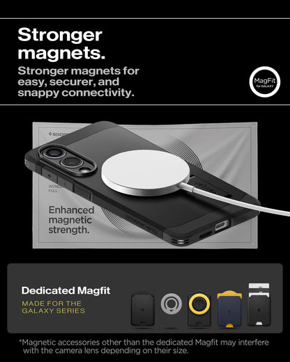 ACS09422 - Galaxy S25 Edge Case Tough Armor AI (MagFit) in Black showing the stronger magnets for easy, securer, and snappy connectivity. Enhanced magnet strength. Magnetic accessories other than the dedicated Magfit may interfere with the camera lens depending on their size