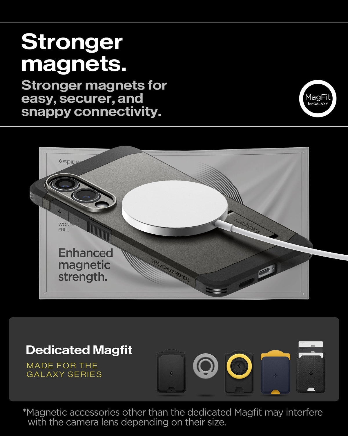 ACS09423 - Galaxy S25 Edge Case Tough Armor AI (MagFit) in Gunmetal showing the stronger magnets for easy, securer, and snappy connectivity. Enhanced magnet strength. Magnetic accessories other than the dedicated Magfit may interfere with the camera lens depending on their size