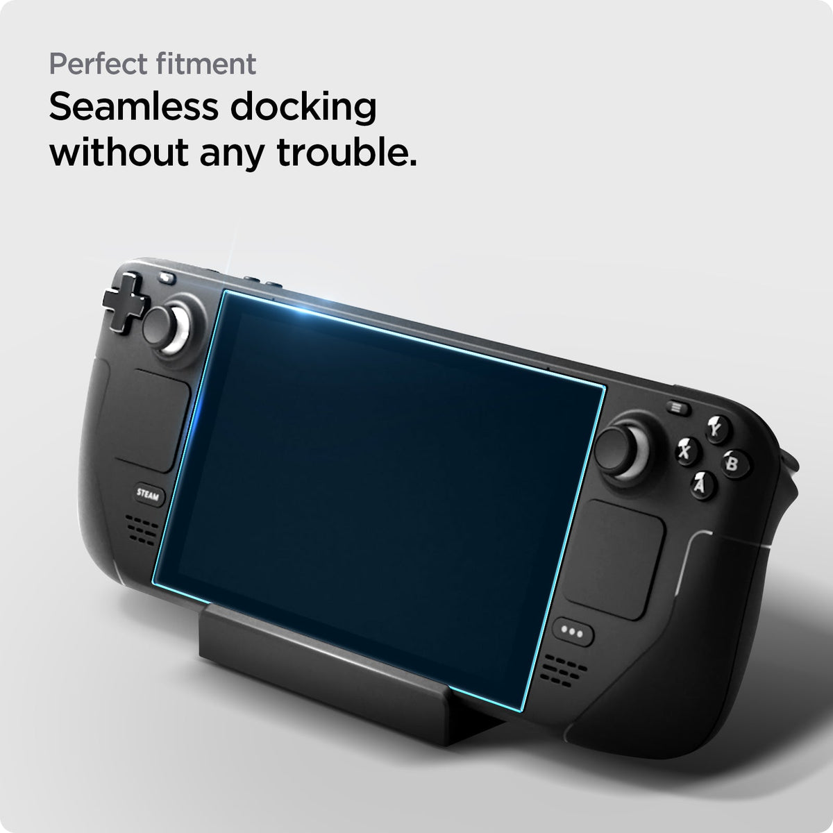 AGL05600 - Steam Deck Screen Protector EZ FIT GLAS.tR showing the perfect fitment. Seamless docking without any trouble
