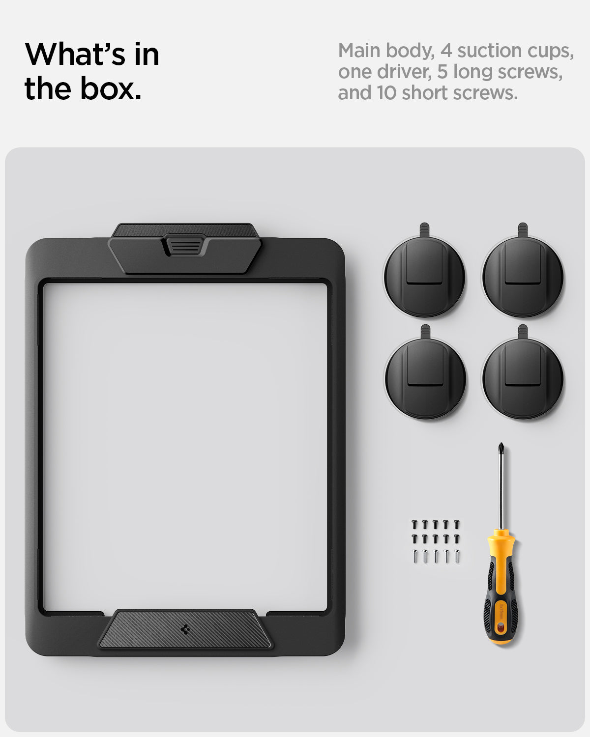 ACP09333 - Starlink Mini Car Mount STL100 showing what's in the box. main body, 4 suction cups, one driver, 5 long screws and 10 short screws