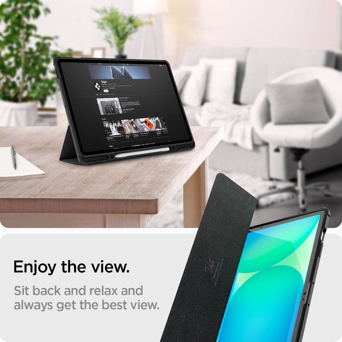 ACS09446 - Galaxy Tab S10 FE+ Case Ultra Hybrid Pro in Black showing always getting the best view just sit back and relax