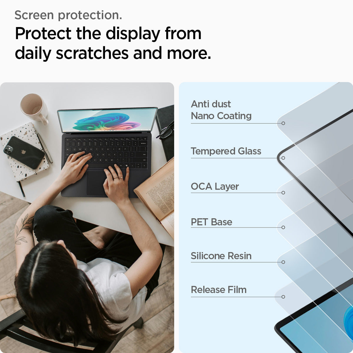 AGL08632 - Microsoft Surface Laptop 13.8-inch (2024) Glas.tR SLIM showing the screen protection, protect the display from daily scratches and more, anti dust nano coating, tempered glass, OCA layer, PET base, silicone resin and release film
