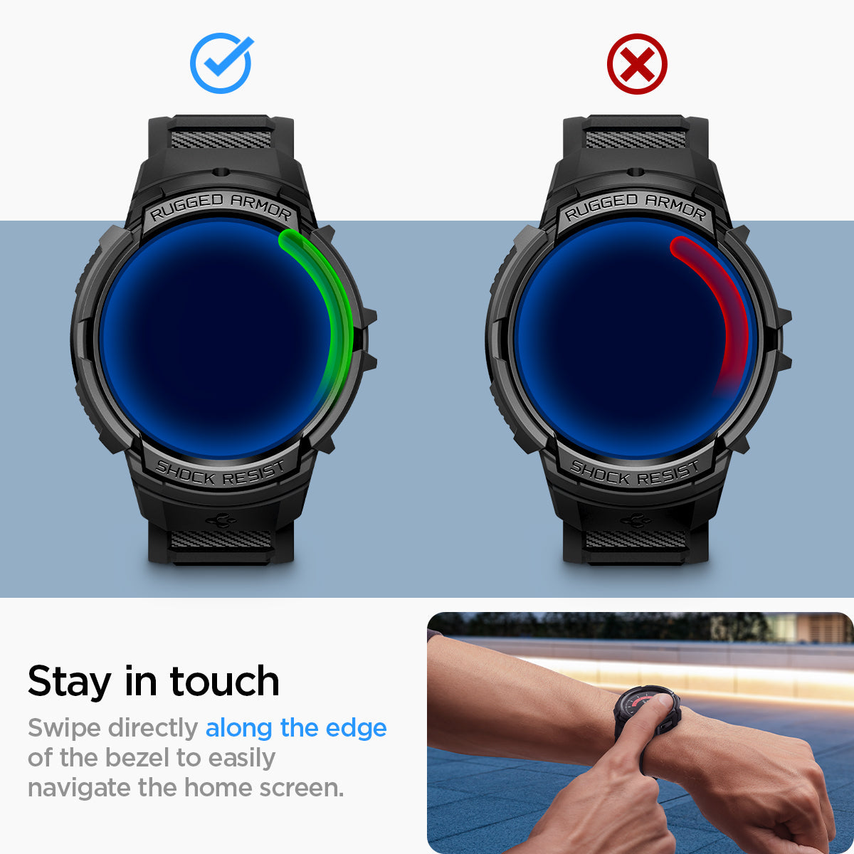 ACS06501 - Galaxy Watch 6 (40mm) Case Rugged Armor Pro in black stay in touch. swipe directly along the edge of the bezel to easily navigate the home screen.
