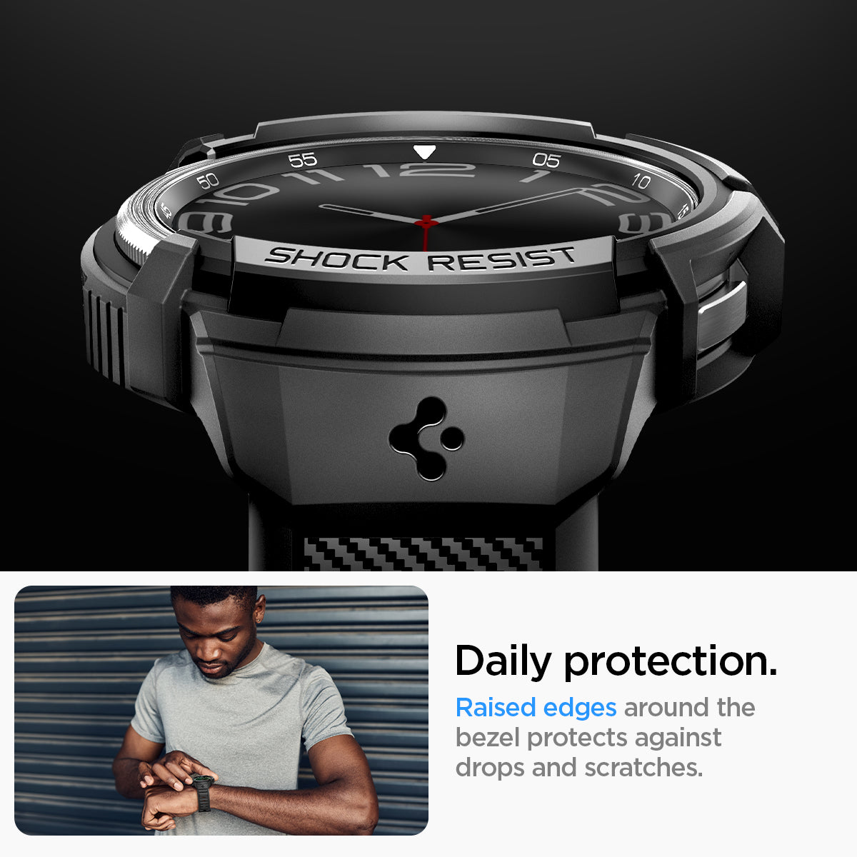 ACS06492 - Watch 6 Classic (43mm) Rugged Armor Pro in Black daily protection. raised edges around the bezels protects against drops and scratches.