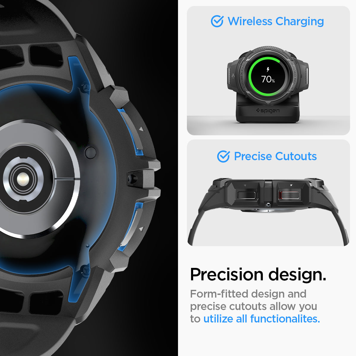 ACS06492 - Watch 6 Classic (43mm) Rugged Armor Pro in Black wireless charging. power share. precision design. Form fitted design and precise cutouts allow you to utilize all functionalites.