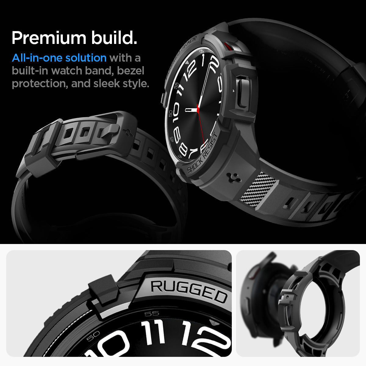 ACS06492 - Watch 6 Classic (43mm) Rugged Armor Pro in Black premium build. all in one solution with a built in watch band, bezel protection, and sleek style.