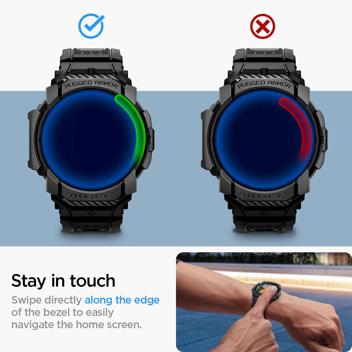 ACS08336 - Galaxy Watch 7 (40mm) Rugged Armor Pro in Matte Black stay in touch. swipe directly along the edge of the bezel to easily navigate the home screen.