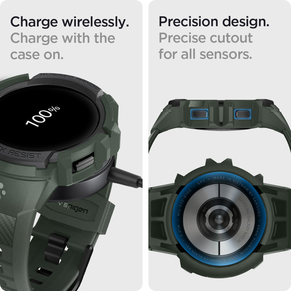 ACS04325 - Galaxy Watch 5/4 (44mm) Case Rugged Armor Pro in military green charge wirelessly. Charge on with the case on. Precision design. Precise cutout for all sensors.