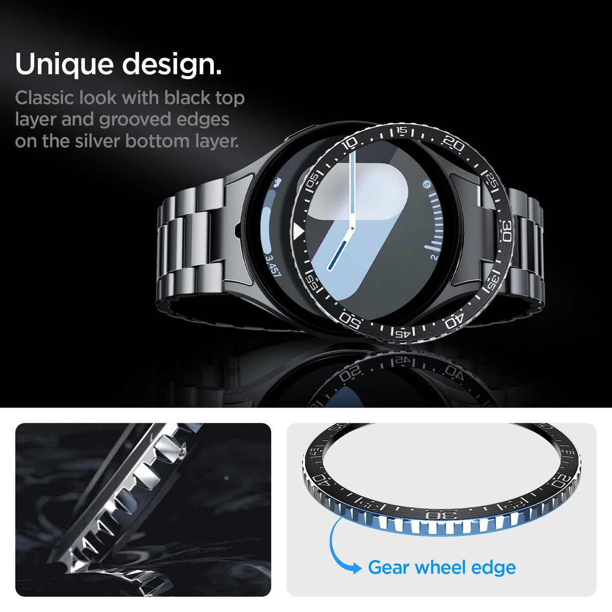 ACS08339 - Galaxy Watch 7 (44mm) Bezel Tune in Black unique design classic look with black top layer and grooved edges on the silver bottom layer. gear wheel edge.