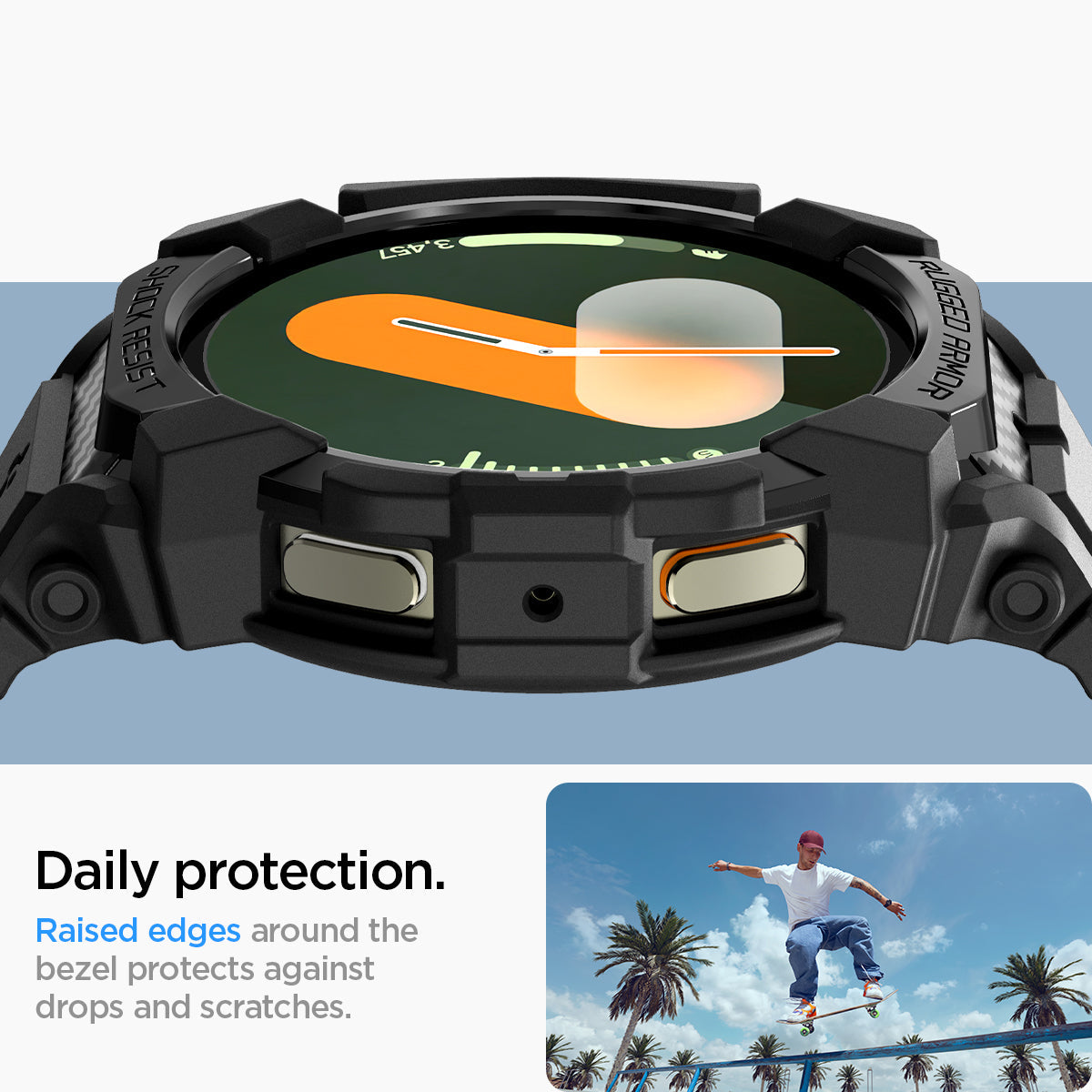 ACS08338 - Galaxy Watch 7 (44mm) Rugged Armor Pro in Matte Black daily protection. raised edges around the bezels protects against drops and scratches.