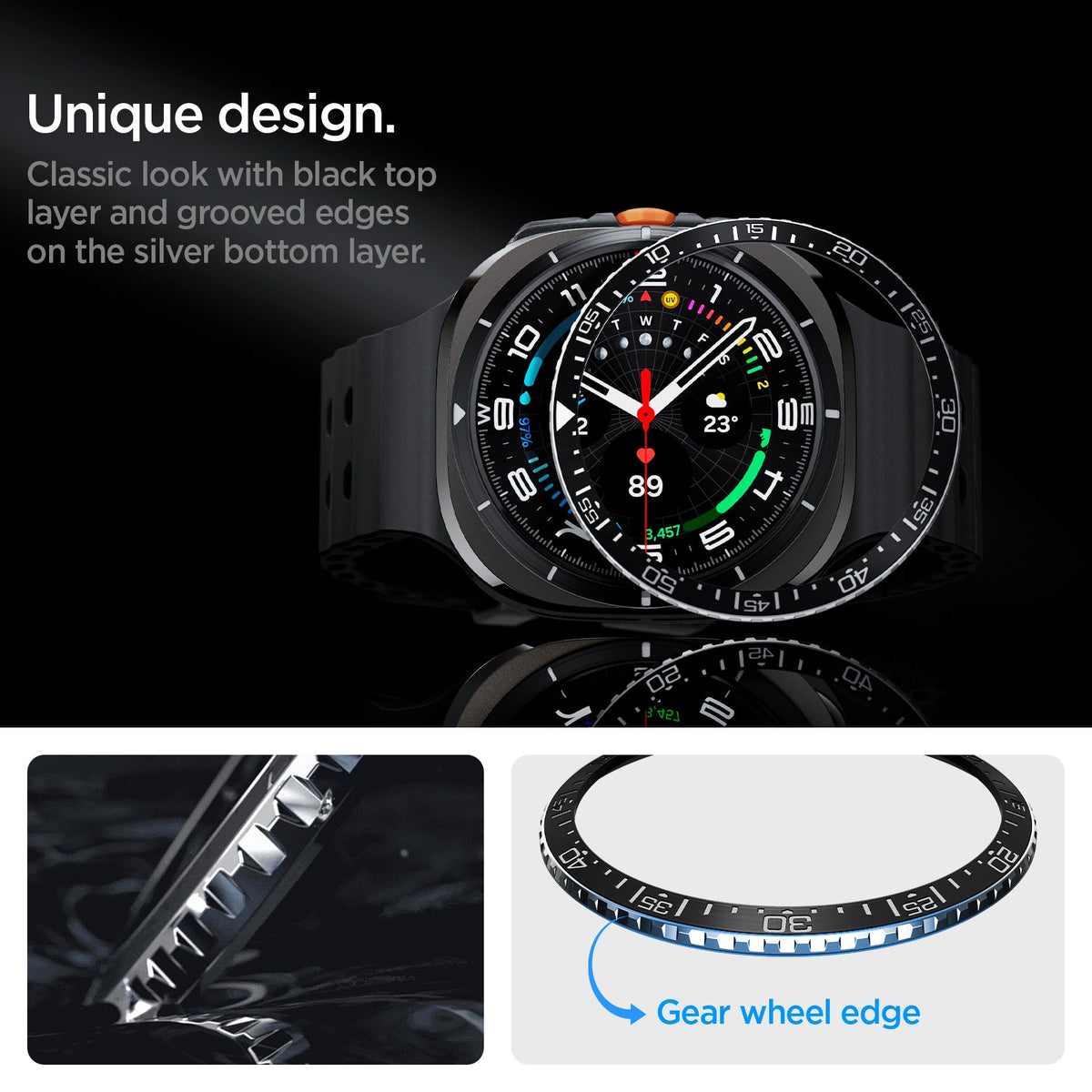 ACS08428 - Galaxy Watch Ultra (47mm) Bezel Tune in Black unique design classic look with black top layer and grooved edges on the silver bottom layer. gear wheel edge.