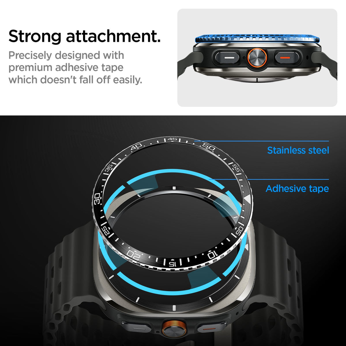 ACS08428 - Galaxy Watch Ultra (47mm) Bezel Tune in Black strong attachment. precisely designed with premium adhesive tape which doesn't fall off easily. stainless steel. adhesive tape.