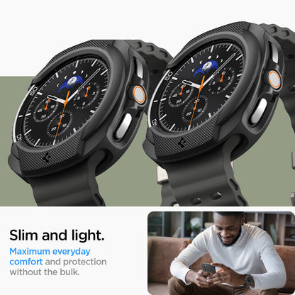 ACS09841 - Galaxy Watch 8 46mm Liquid Air showing slim profile from two angles with lifestyle shot of man wearing the cased watch