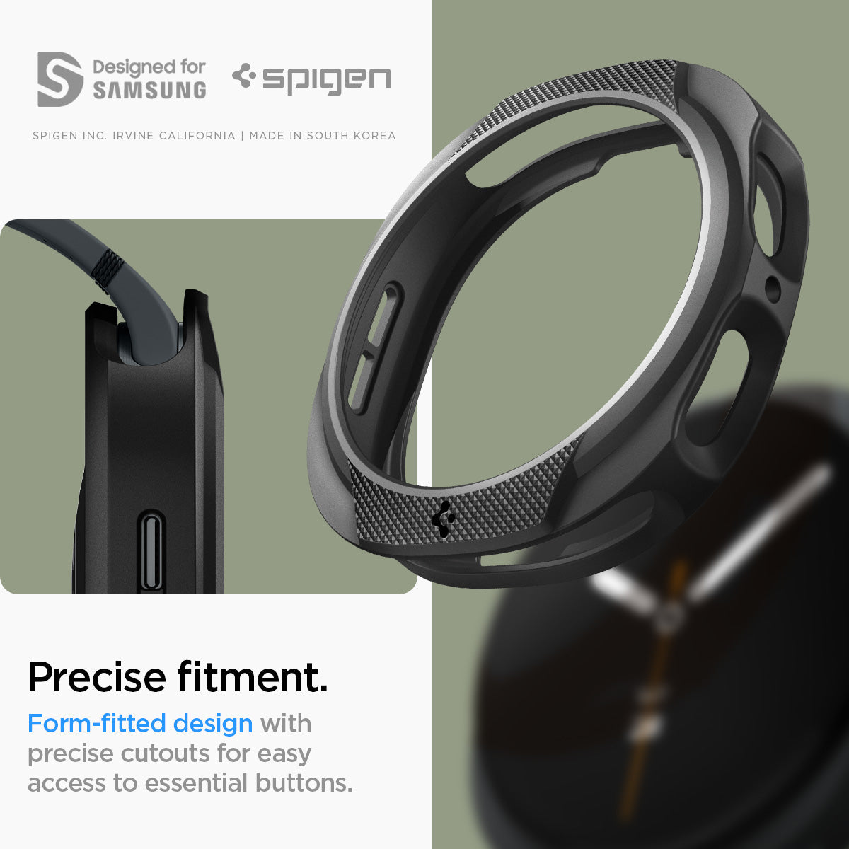 ACS09839 - Galaxy Watch 8 40mm Liquid Air showing precise one-side cutout for rotating bezel access with close-up of bezel detail