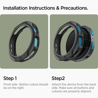 ACS09839 - Galaxy Watch 9 (40mm) Liquid Air showing two-step installation instructions with front and back alignment guides