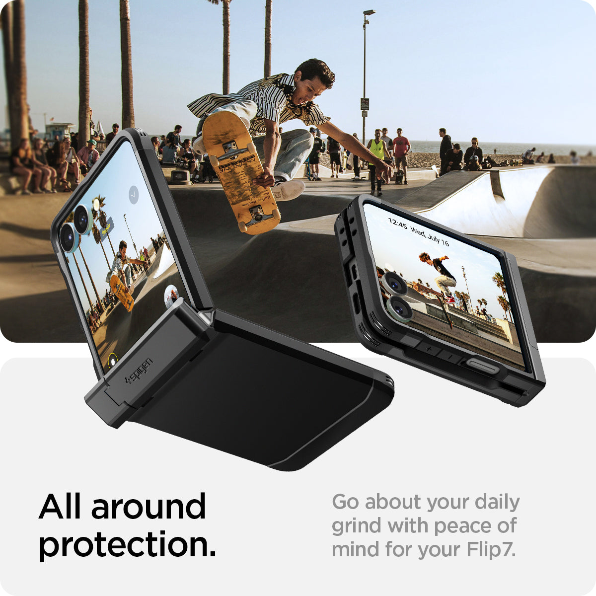 ACS09561 - Galaxy Z Flip 7 Case Tough Armor Pro (MagFit) in black showing the all around protection. Go about your daily grind with peace of mind for your device