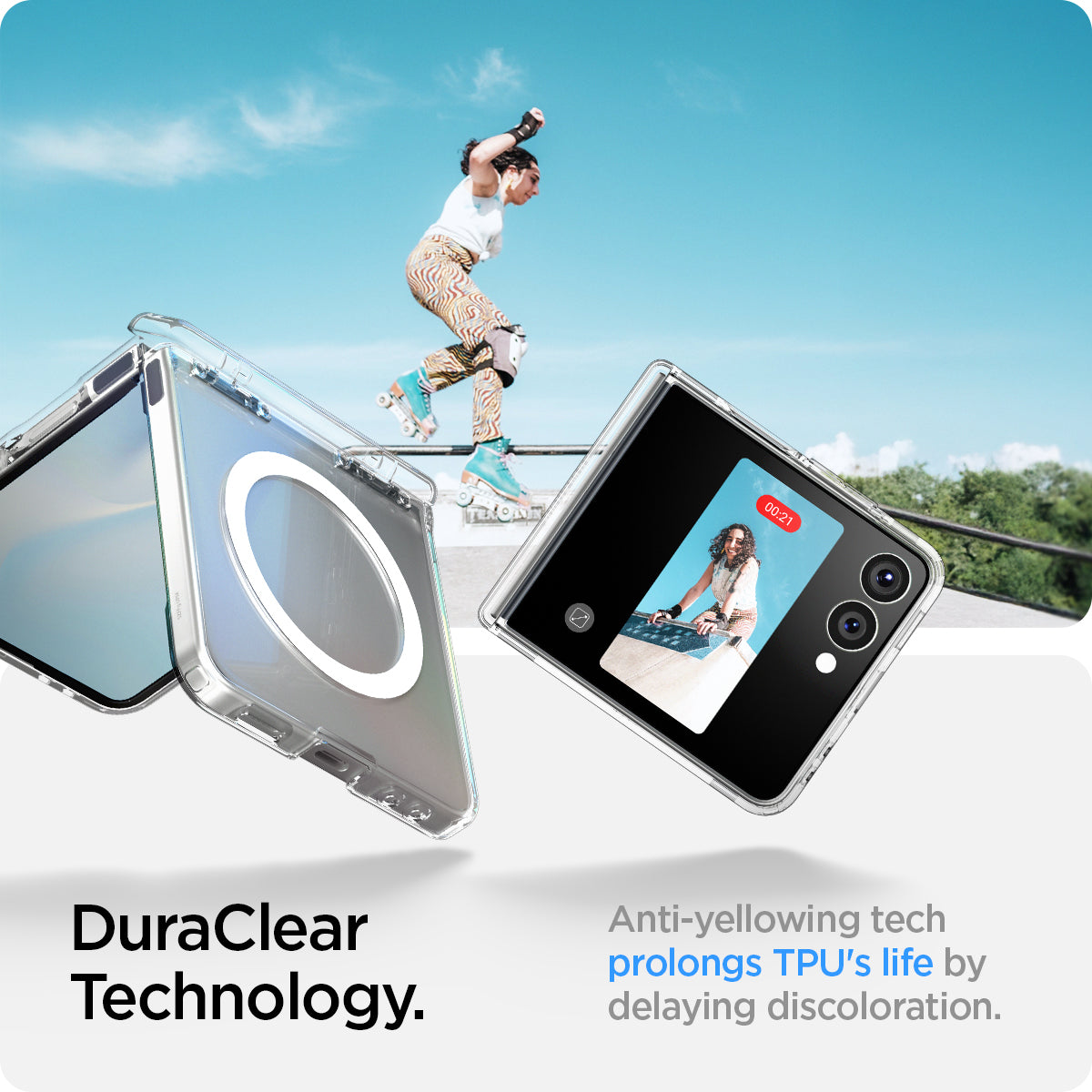 ACS09559 - Galaxy Z Flip 7 Case Ultra Hybrid Pro (MagFit) in clear white showing the duraclear technology. Anti-yellowing tech prolongs TPU's life by delaying discoloration.