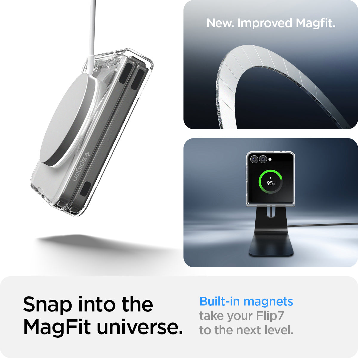 ACS09559 - Galaxy Z Flip 7 Case Ultra Hybrid Pro (MagFit) in clear white showing the new and improved magfit. Snap into the MagFit universe. Built-in magnets take your Flip7 to the next level