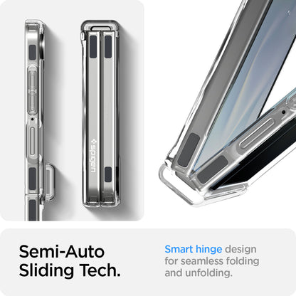 ACS09559 - Galaxy Z Flip 7 Case Ultra Hybrid Pro (MagFit) in clear white showing the semi-auto sliding tech. Smart hinge design for seamless folding and unfolding