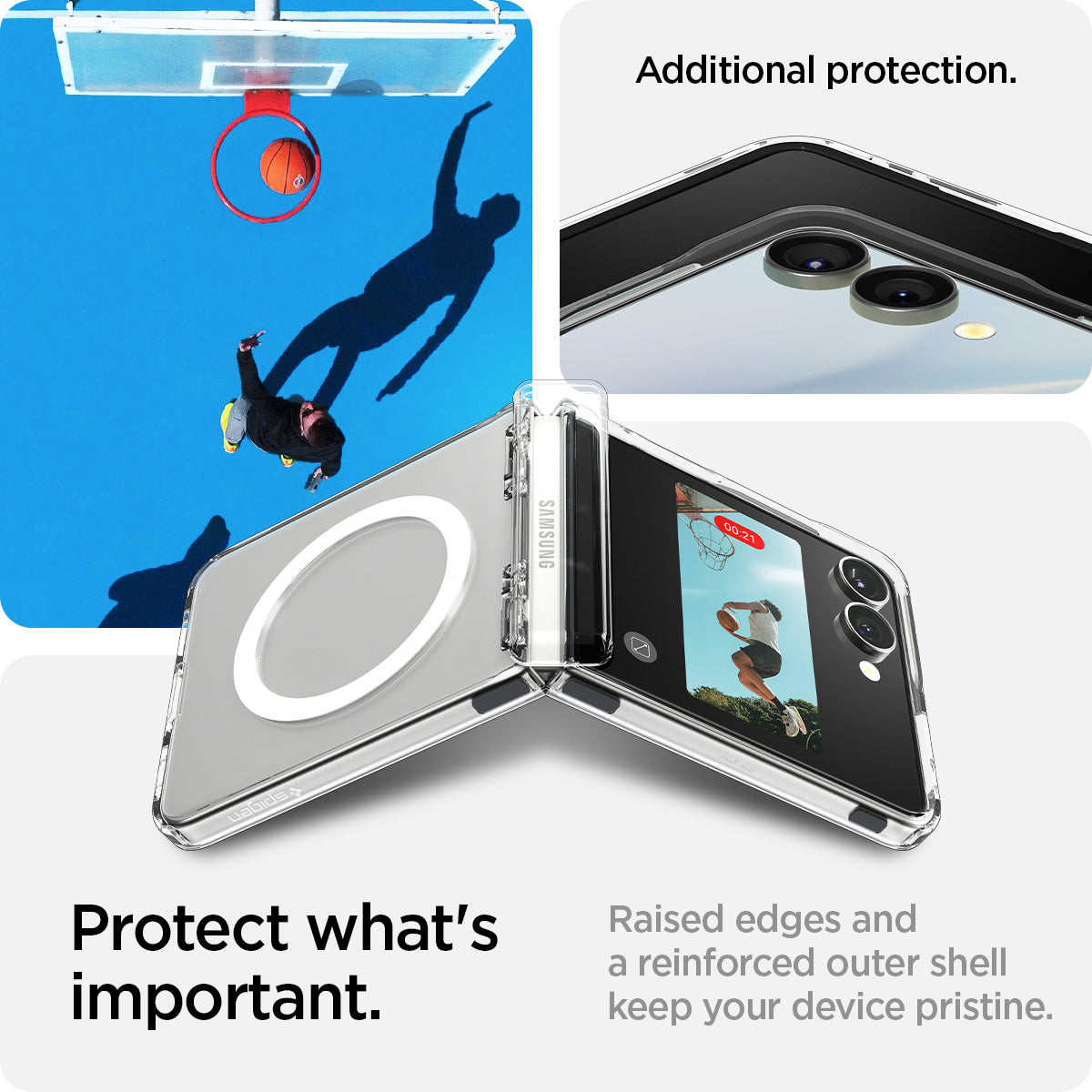 ACS09559 - Galaxy Z Flip 7 Case Ultra Hybrid Pro (MagFit) in clear white showing the additional protection. Protect what matters. Raised edges and a reinforced outer shell keep your device pristine.