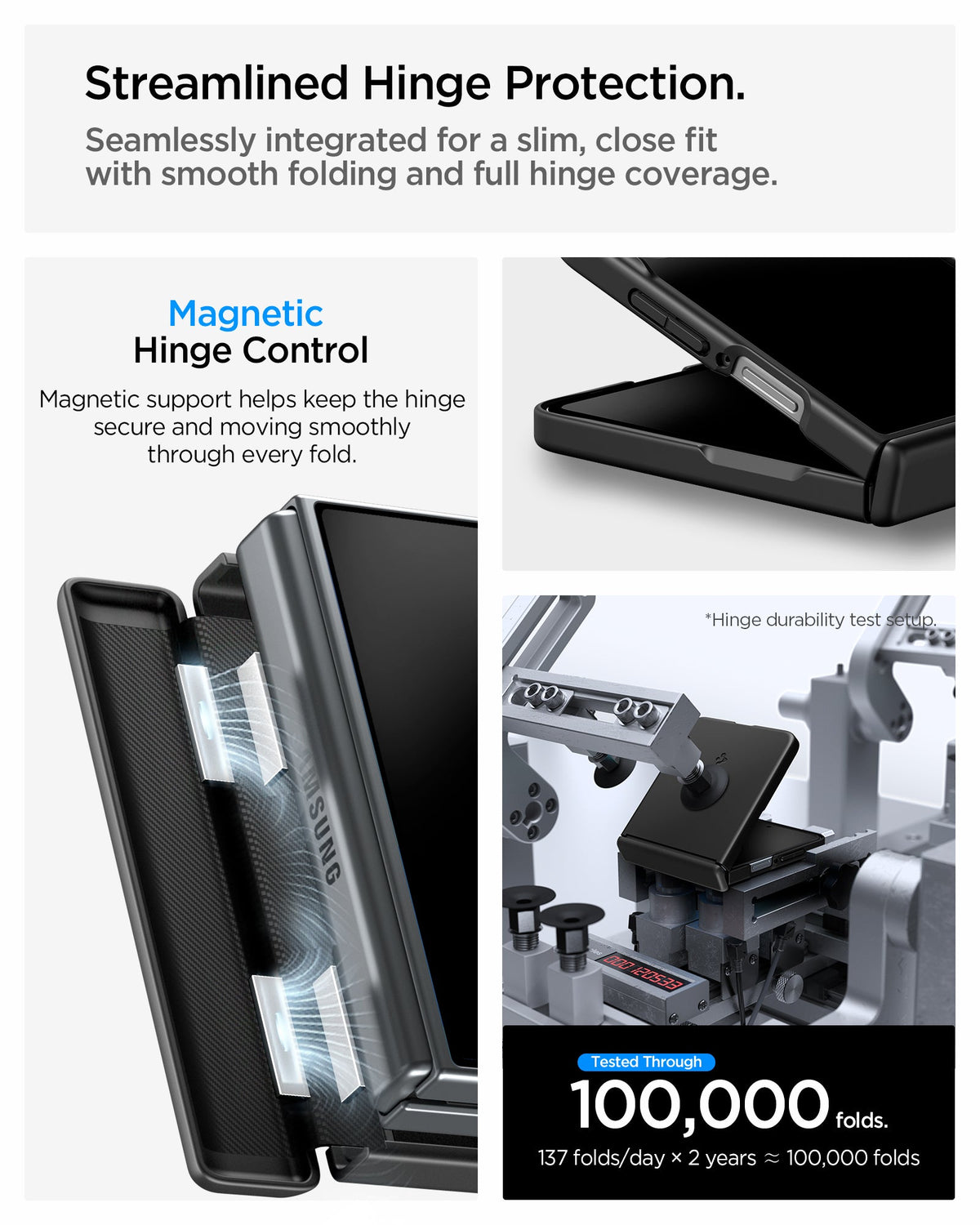 ACS11511 - Galaxy Z Flip 8 Series - Air Fit Pro (Mag Fit) showing the "Streamlined Hinge Protection" graphic, illustrating magnetic hinge control with magnetic field visualization, a close-up of the hinge folding