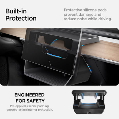 ACP07280 - Tesla Model Y & 3 Under Screen Organizer TO227 in Black built in protection. protective silicone pads prevent damage and reduce noise while driving. Engineered for safety. pre applied silicone padding ensures lasting interior protection.