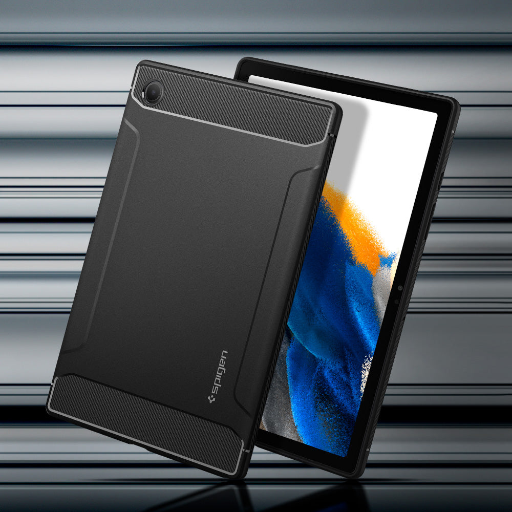ACS04136 - Galaxy Tab A8 Case Rugged Armor in matte black showing front and back.