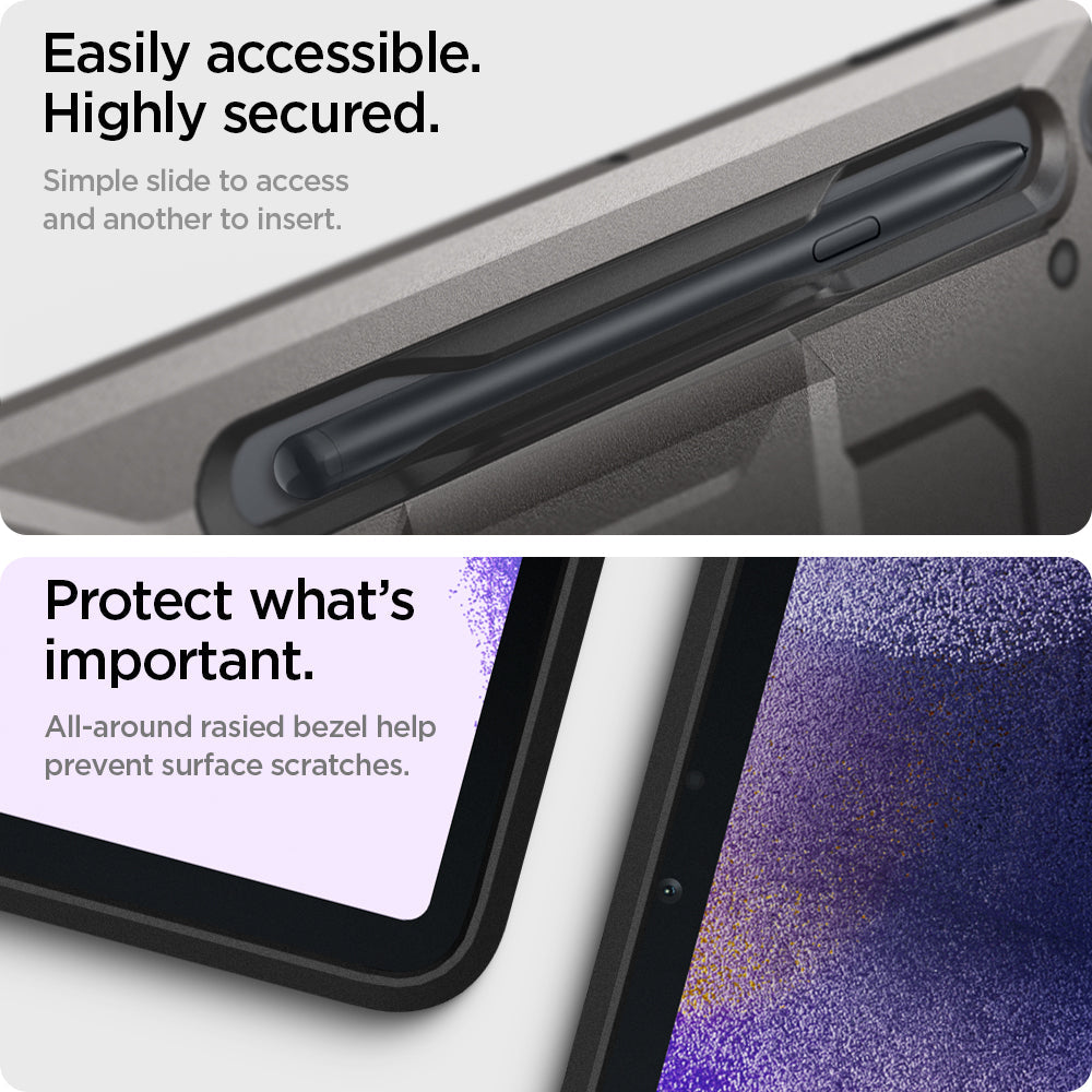 ACS03008 - Galaxy Tab S7 FE Case Tough Armor Pro in gunmetal easily accessible highly secured. Simply slide to access and another to insert. Protect what's important. all around raised bezel help prevent surface scratches.