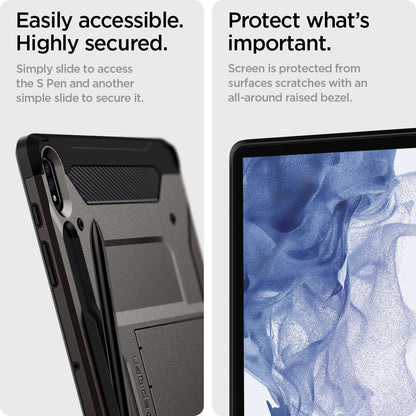 ACS01608 - Galaxy Tab S8 Plus Case Tough Armor Pro in gunmetal easily accessible highly secured. Simply slide to access the S pen and another simple slide to secure it. Protect what's important. screen is protected from surface scratches with an all around raised bezel.