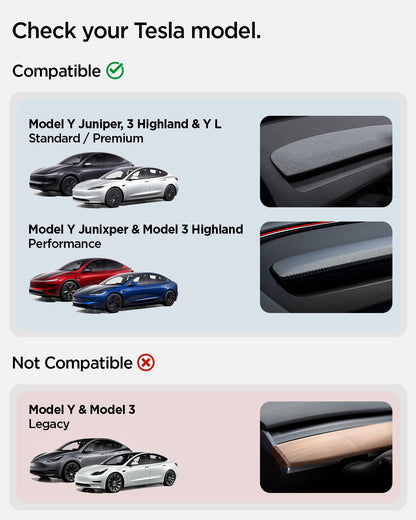 ACP11873 - Compatibility chart showing the Spigen mount fits Tesla Model Y Juniper, Model 3 Highland, and Model Y L vents, but not legacy Model Y or Model 3 vents