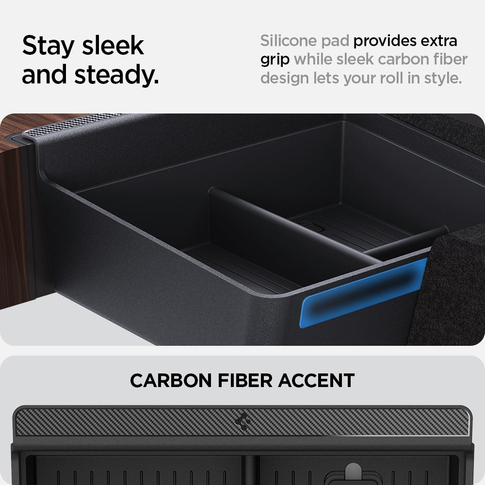 ACP06952 - Tesla Model S & X Center Console Organizer Tray in black stay sleek and steady. Silicone pad provides extra grip while sleek carbon fiber design lets your roll in style. carbon fiber accent.