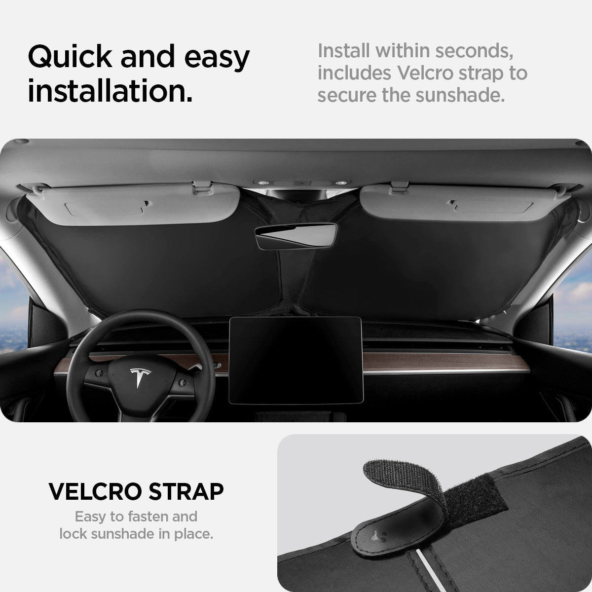 ACP06160 - Tesla Model 3 & Y Cryo Shade in black quick and easy installation. install within seconds, includes Velcro strap to secure the sunshade. Velcro strap. easy to fasten and lock sunshade in place.