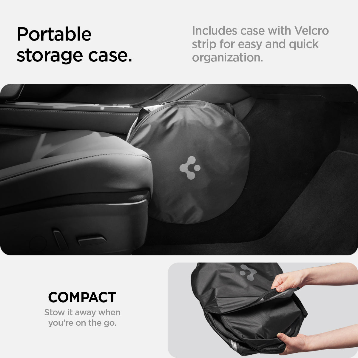 ACP06160 - Tesla Model 3 & Y Cryo Shade in black portable storage case. Includes case with Velcro strip for easy and quick organization. Compact stow it away when you're on the go.
