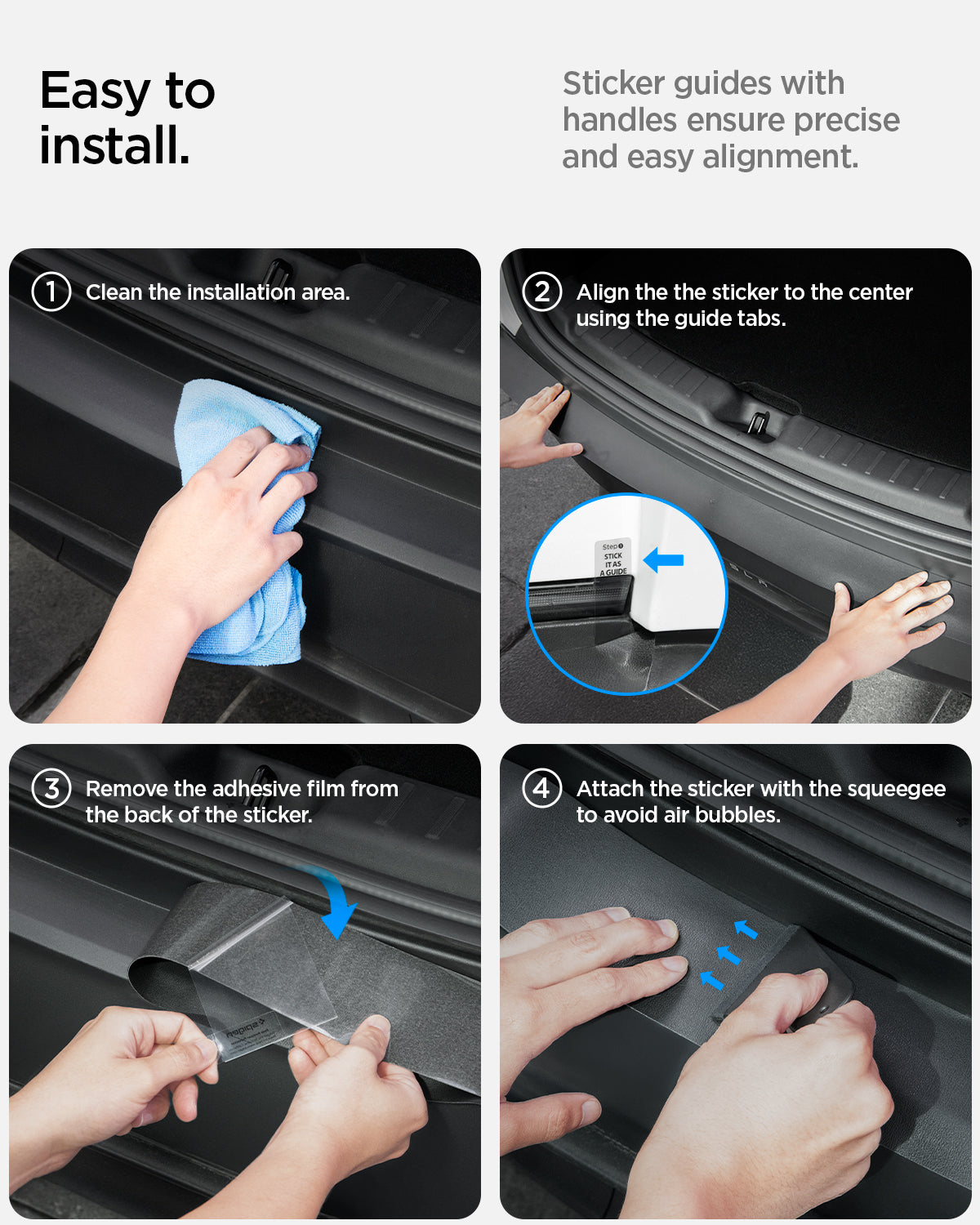 ACP10618 - Model Y Juniper (2025+) Rear Bumper Guard | TG200-YJ showing the easy installation. Sticker guides with handles ensure precise and easy alignment. 1. clean the installation area 2. Align the sticker to the center using the guide tabs 3. Remove the adhesion film from the back of the sticker 4. Attach the sticker with the squeegee to avoid air bubbles