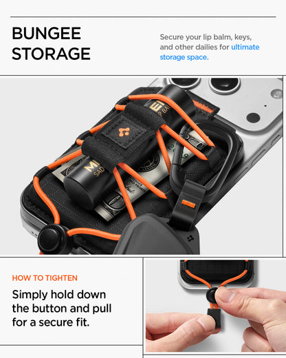 AFA10552 - Tiefit Card Holder (MagFit) in Black showing bungee storage. simply hold down the button and pull for a secure fit